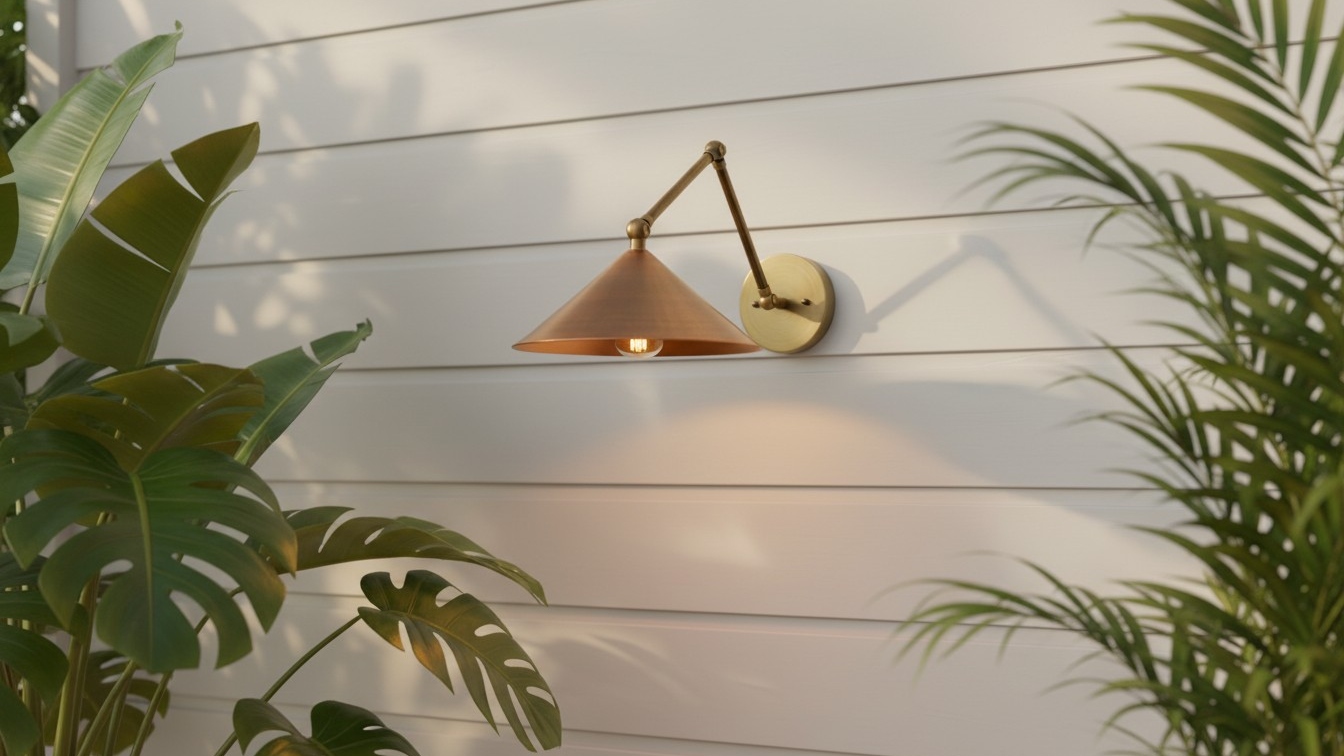 Conique Metall Minimalistische Wandleuchte an einer hellen Wand mit Pflanzen