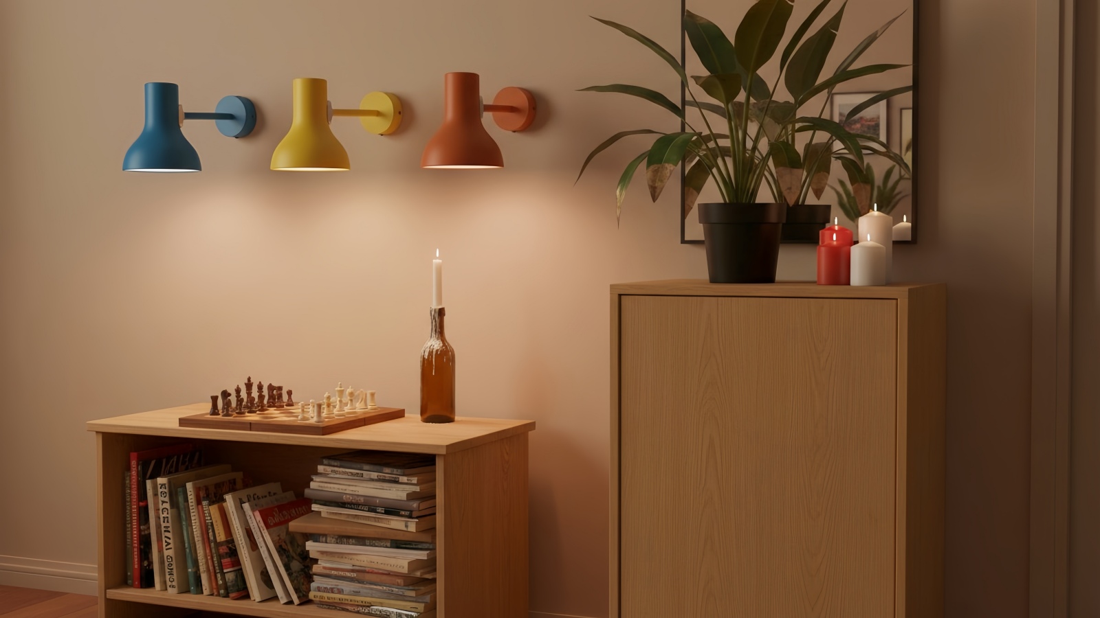 Modryx Wandleuchte in mehreren Farben über einem Sideboard