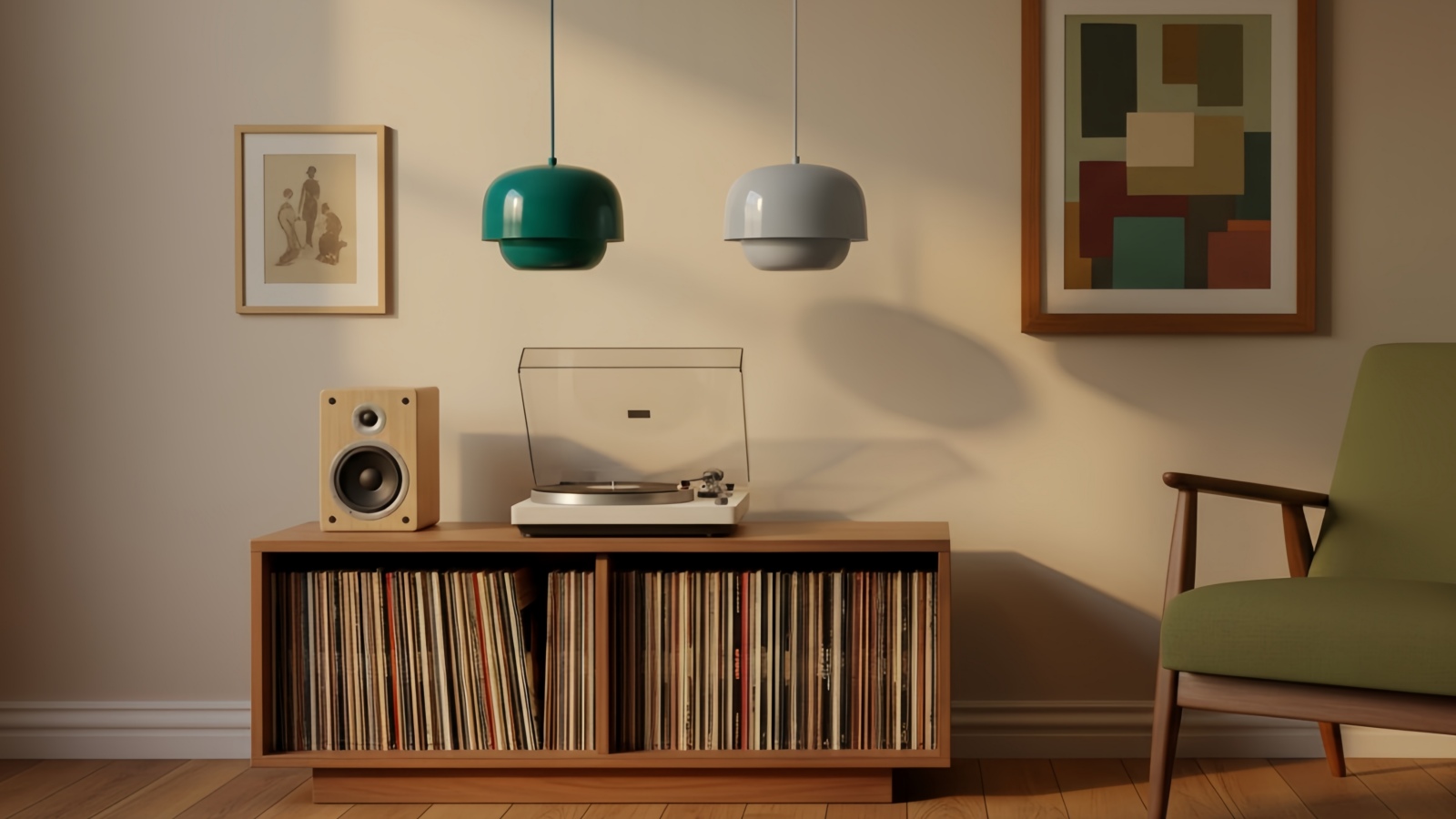 Clinco Pendelleuchte über einem Musikschrank