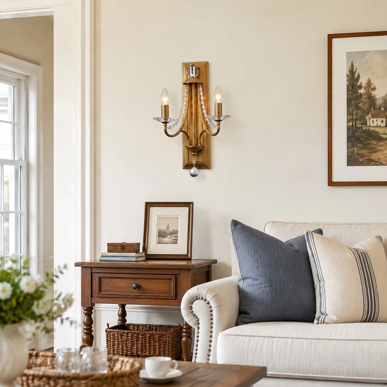 Vintage brass crystal double wall sconce installed beside a sofa