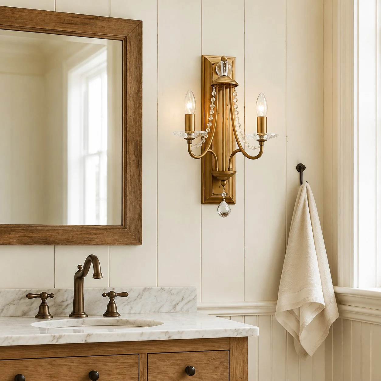 Vintage brass crystal double wall sconce installed beside a bathroom mirror