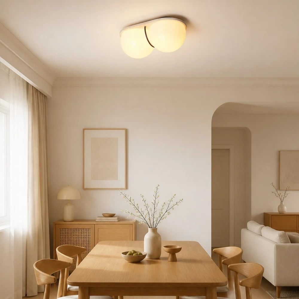 Cream travertine ceiling lamp in dining and living space