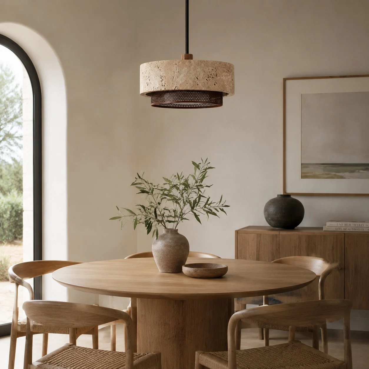 single travertine pendant light in a warm dining room
