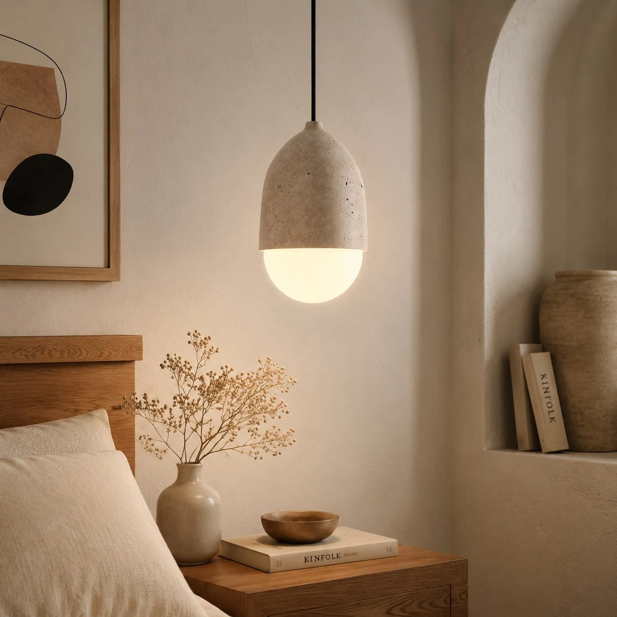 Wabi-sabi cream pendant light shown in a warm dining space