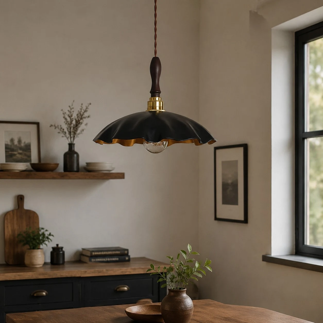 black cowhide pendant light over a warm dining table near a window