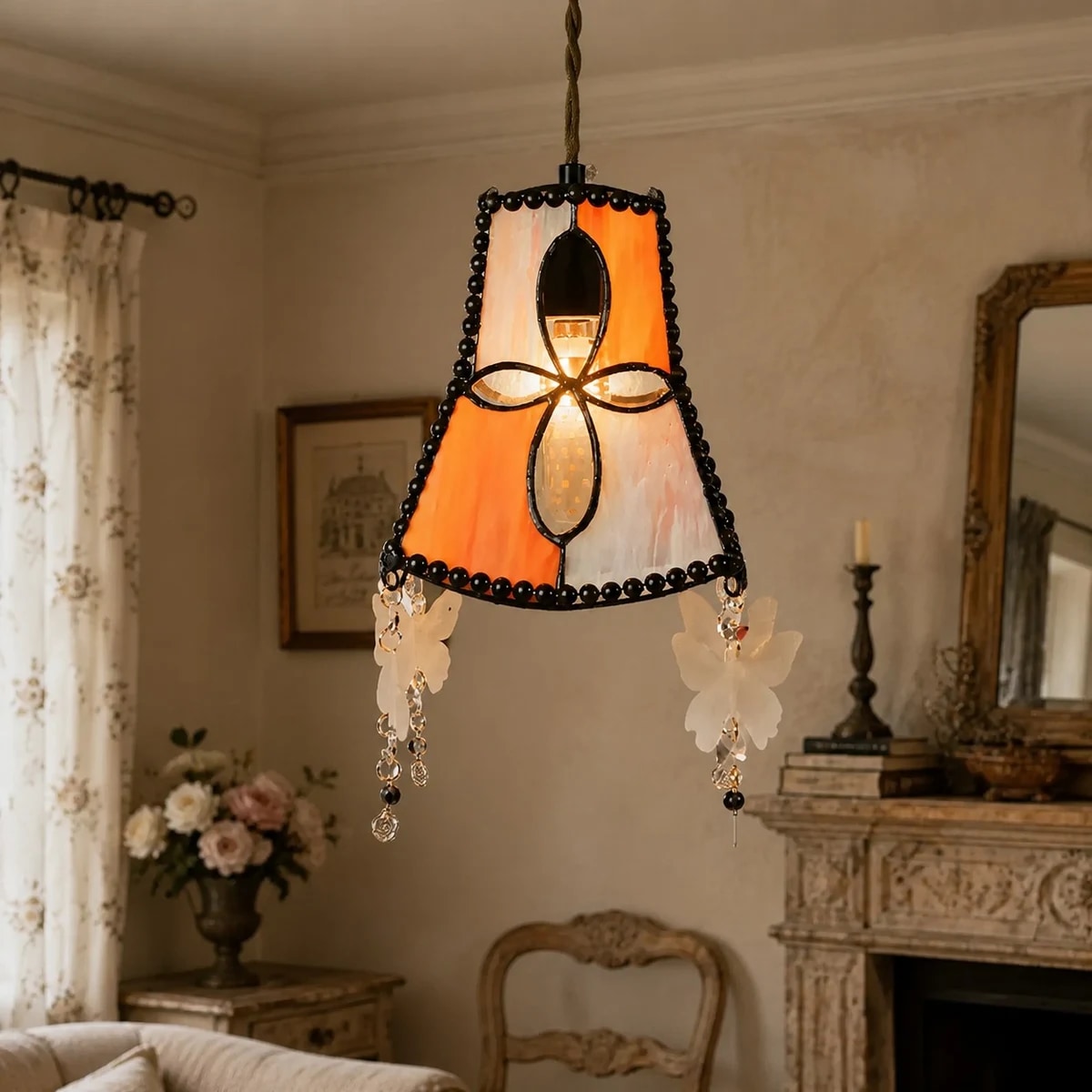 Warm window scene with vibrant orange shell pendant