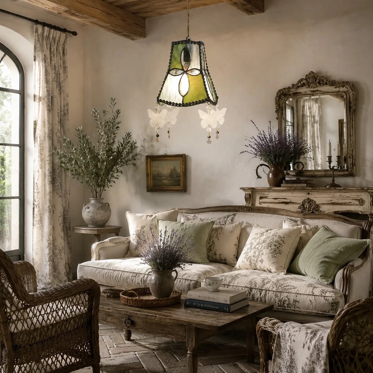 Living room scale scene with green shell pendant