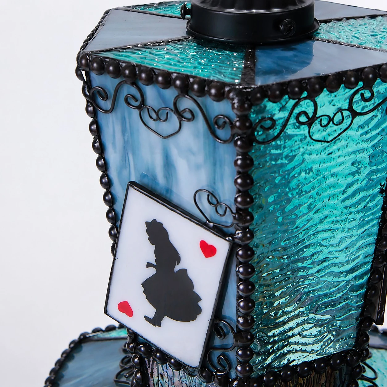 Aqua blue shade detail with bead trim and scrollwork