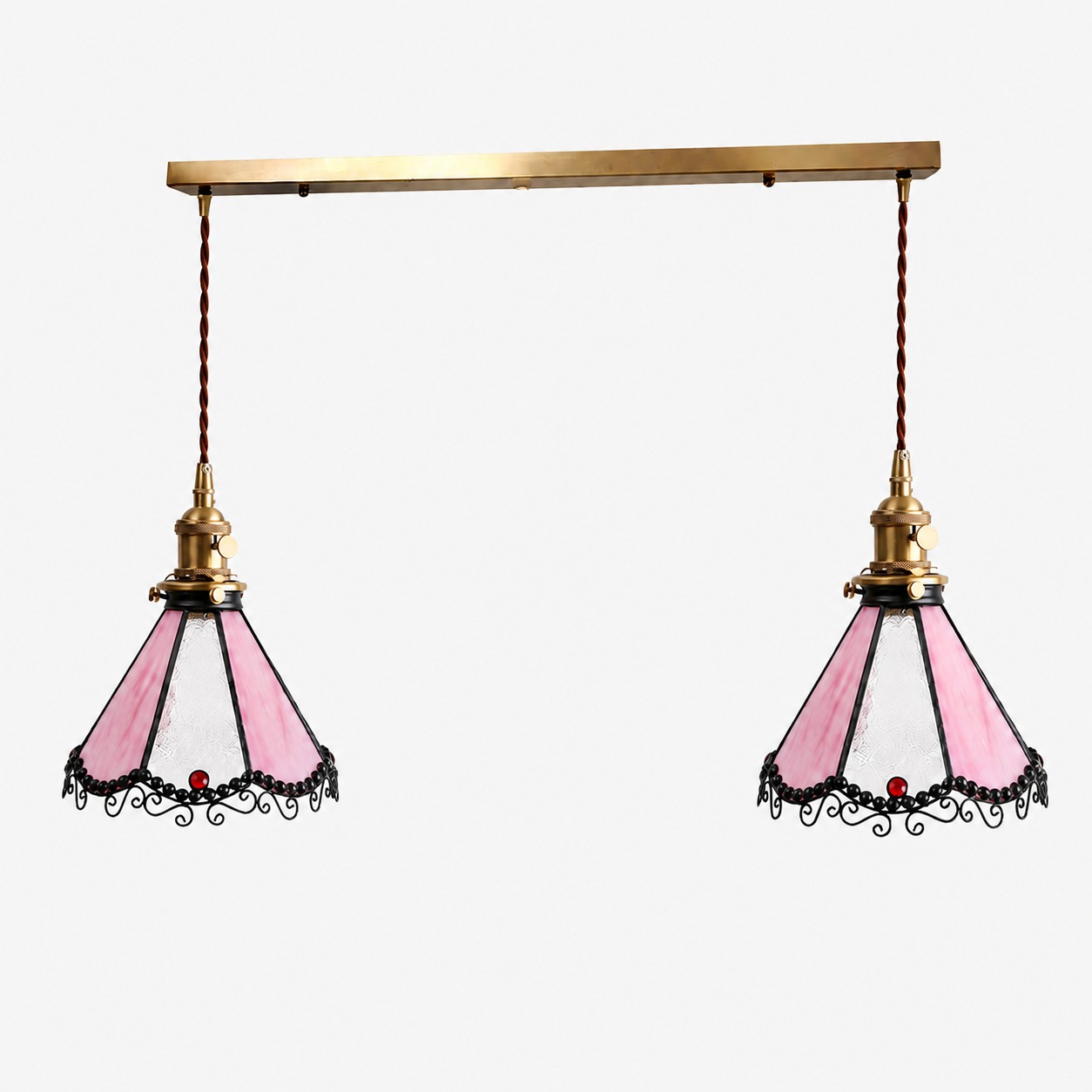 Pink two-light stained glass linear pendant
