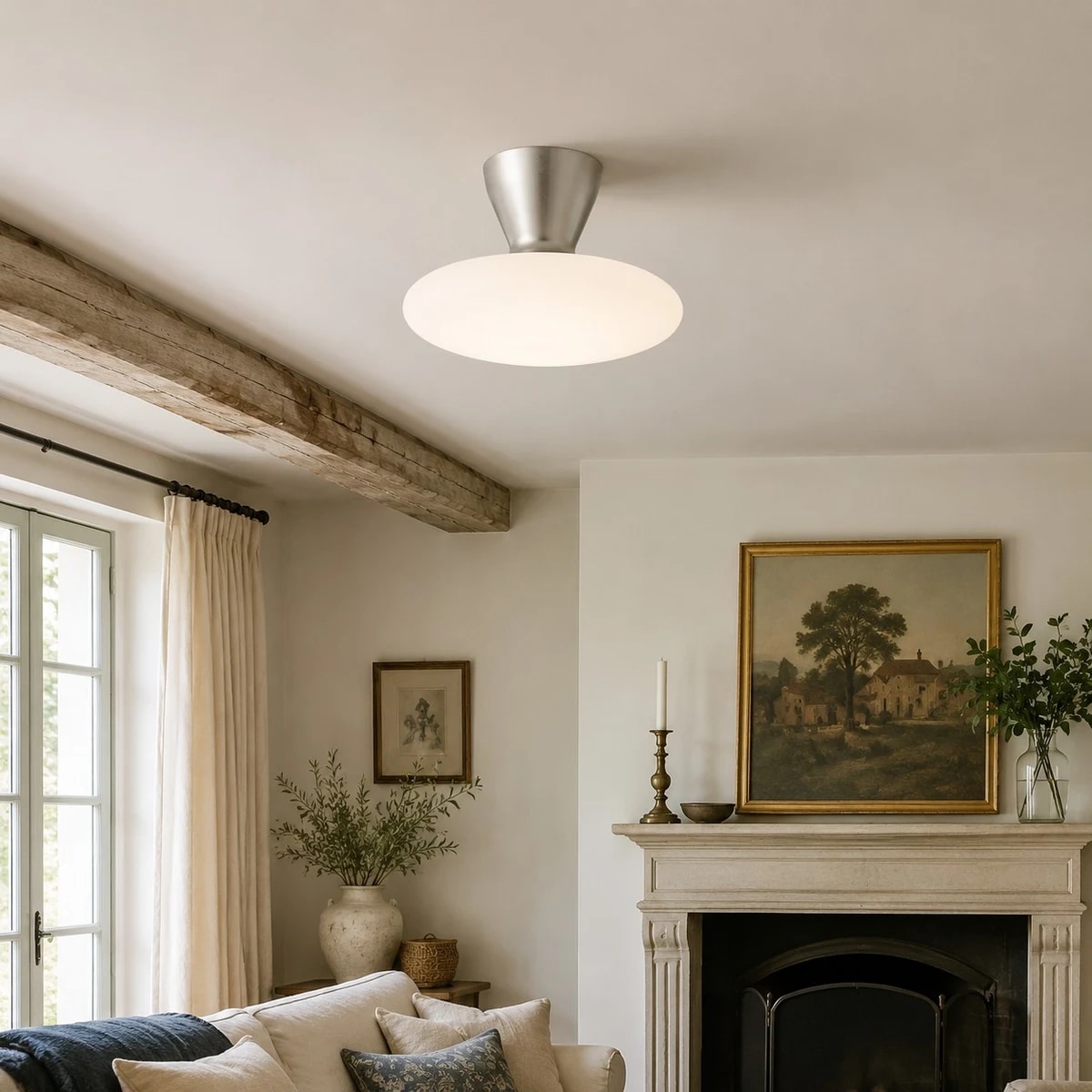 installed living room scene with mantel and warm glow