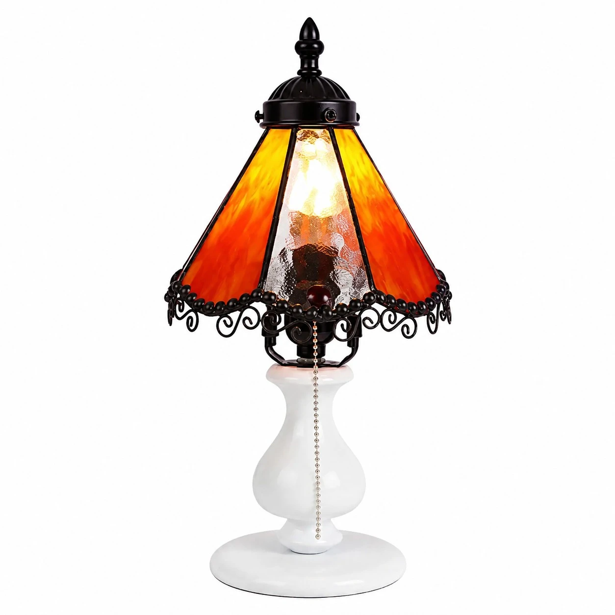 Orange vintage stained glass table lamp on a white background
