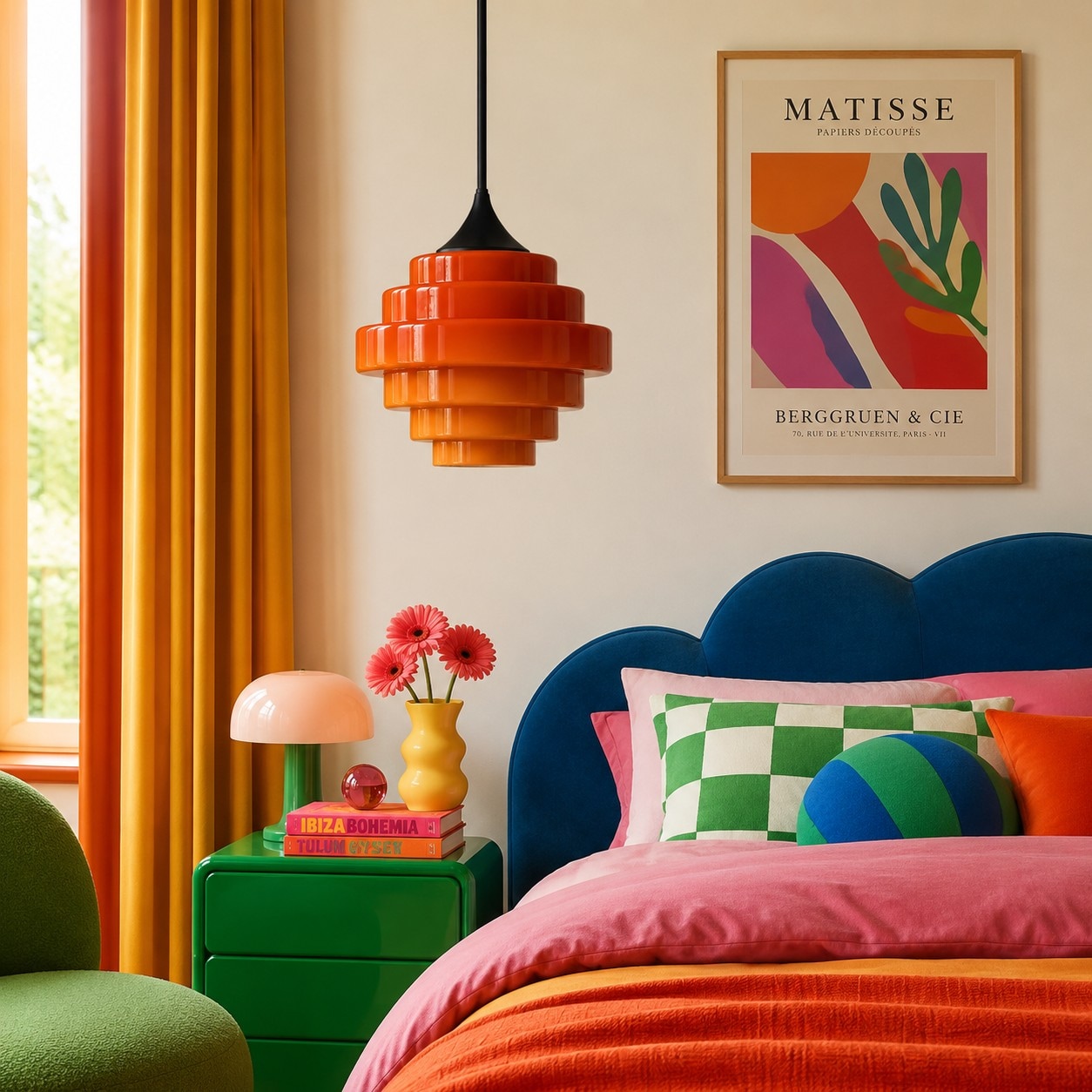 Orange Sanenos glass pendant light in a retro bedroom