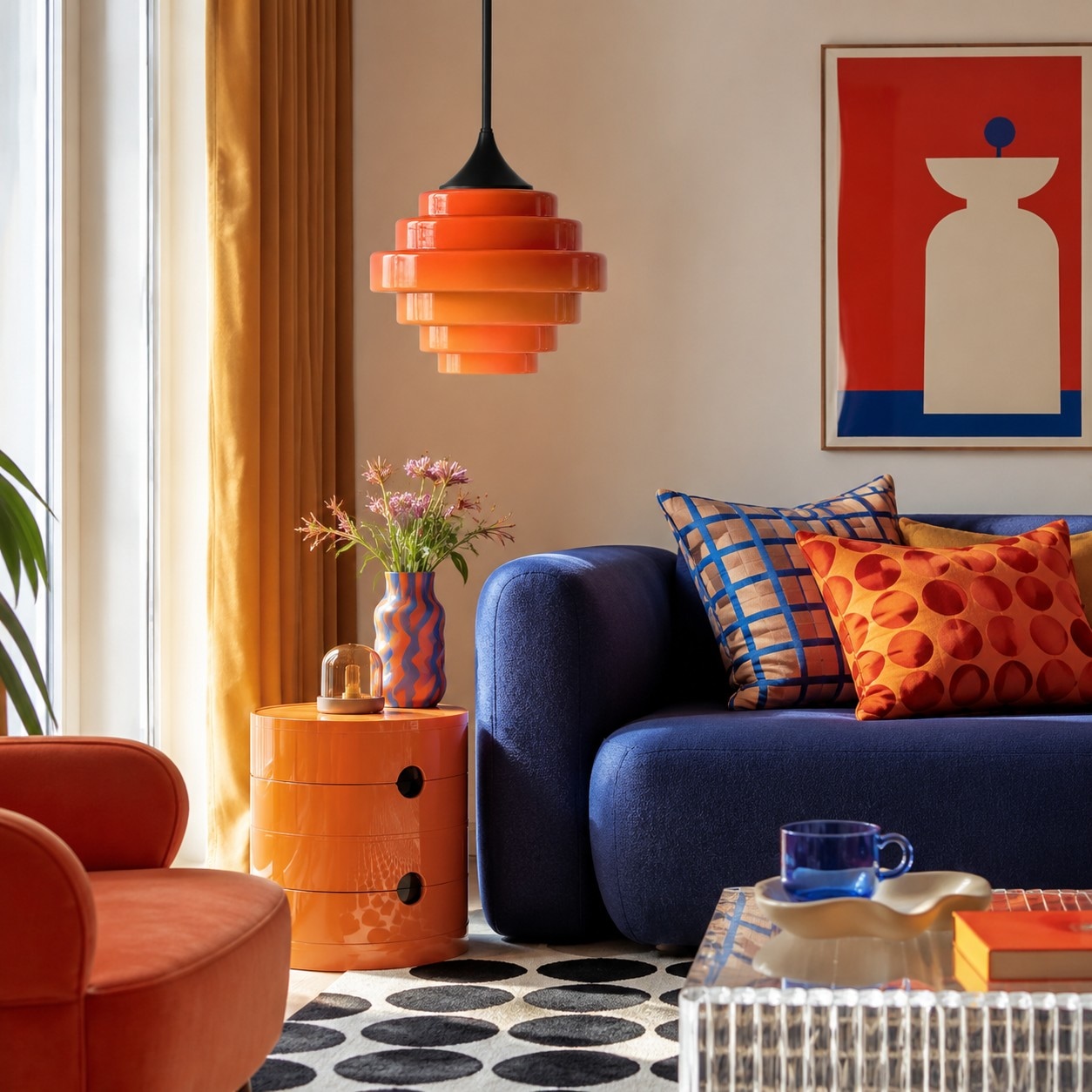 Orange Sanenos glass pendant light in a colorful living room