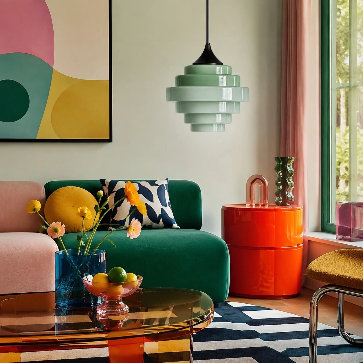 Green Sanenos glass pendant light in a colorful living room