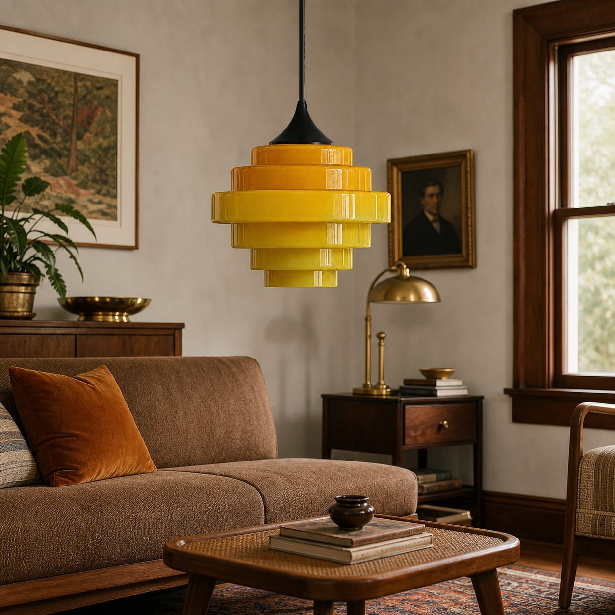 Yellow Sanenos glass pendant light in a warm living room
