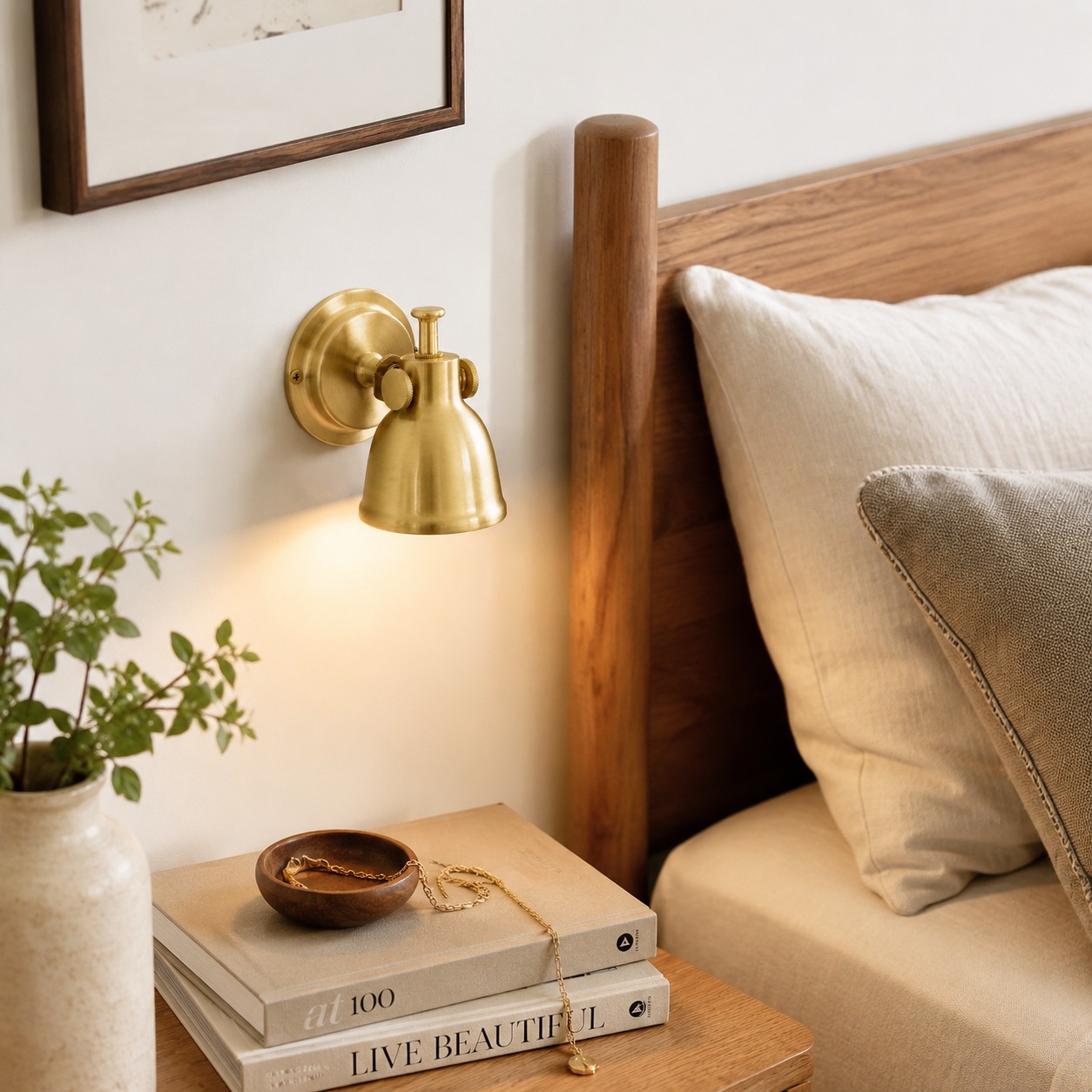 Brass wall lamp installed in a warm interior