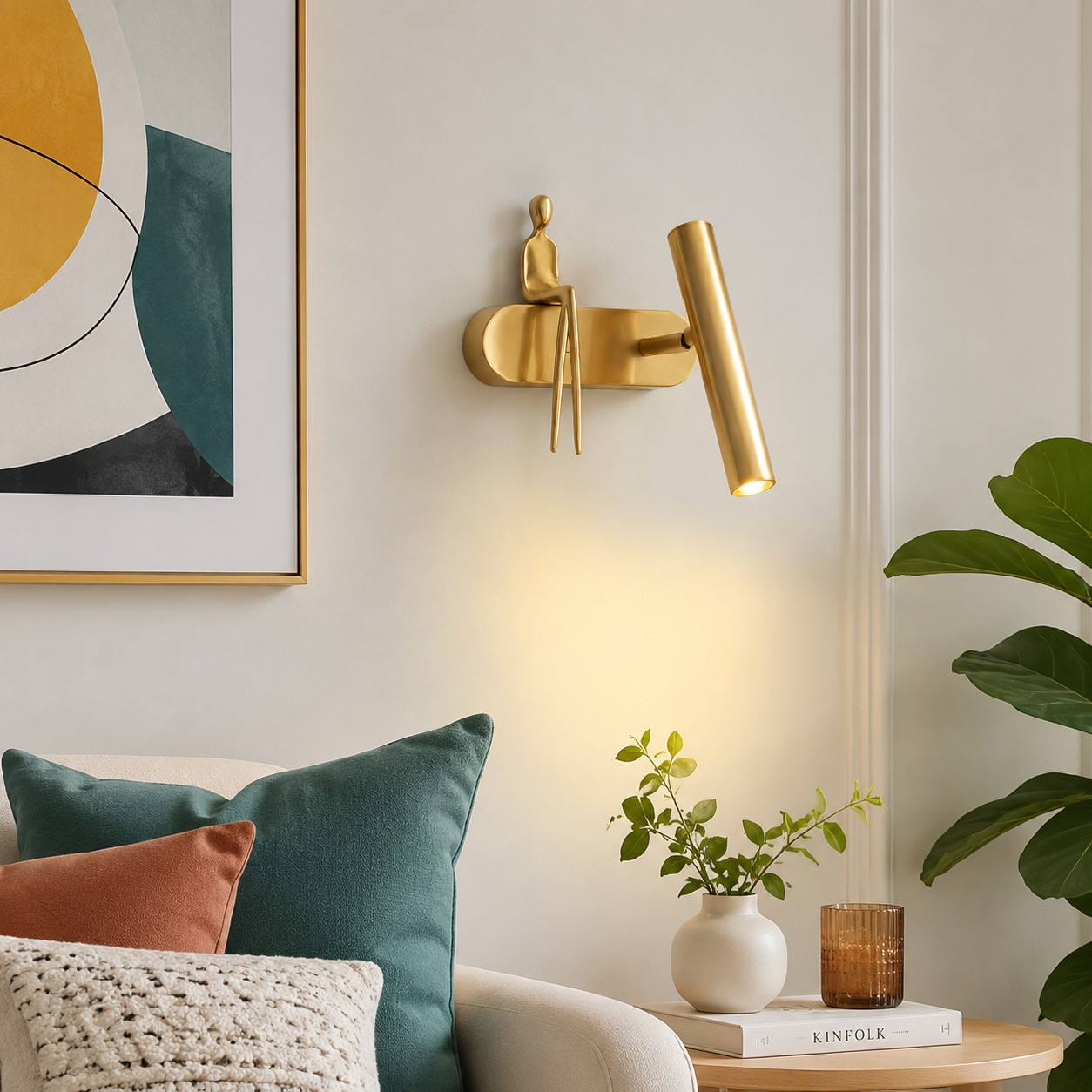 Warm wall sconce in bedroom reading corner