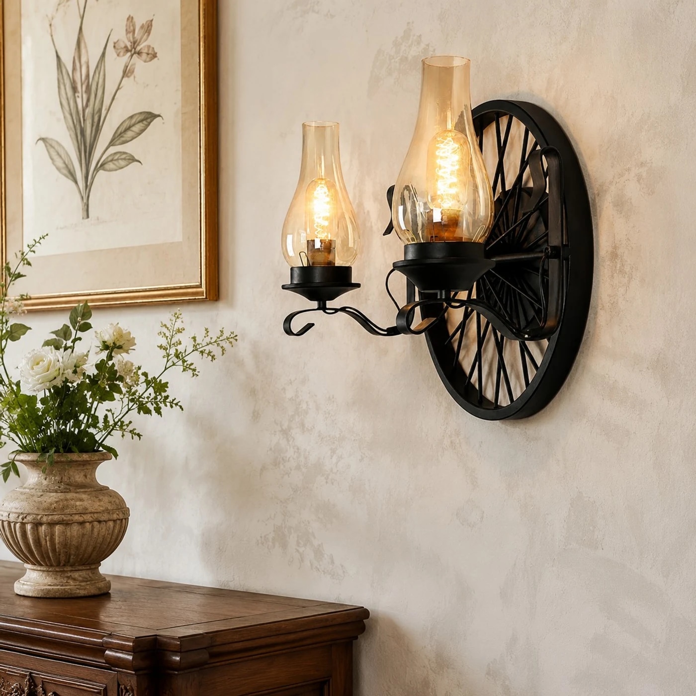 Black one-head wagon wheel wall sconce above a wood console