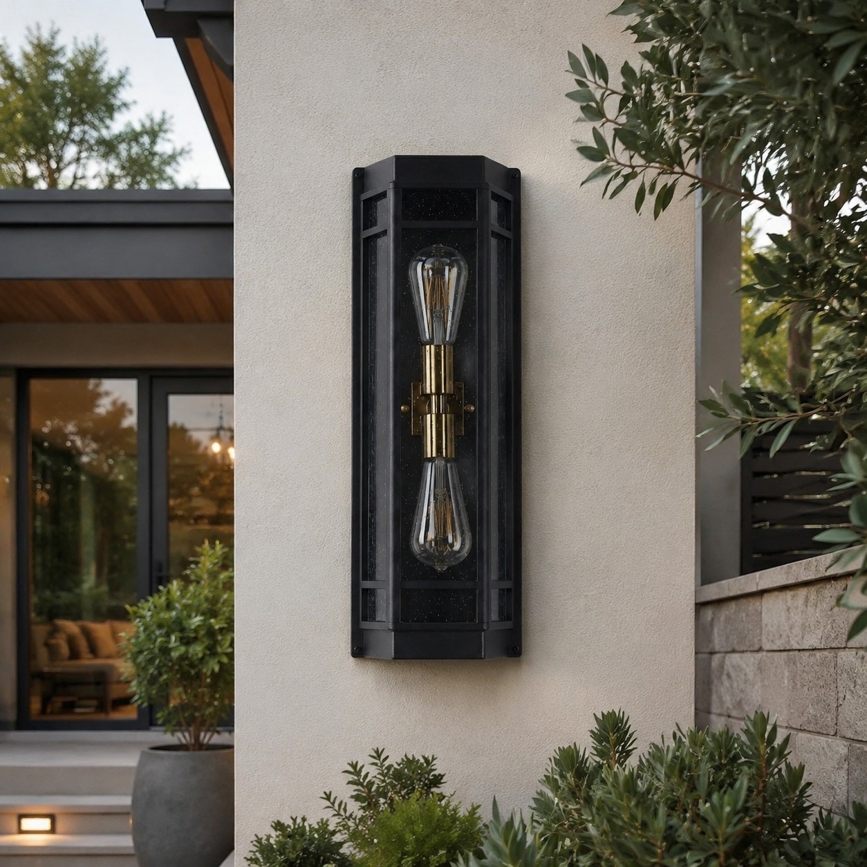 Black glass outdoor wall sconce outdoor installation scene