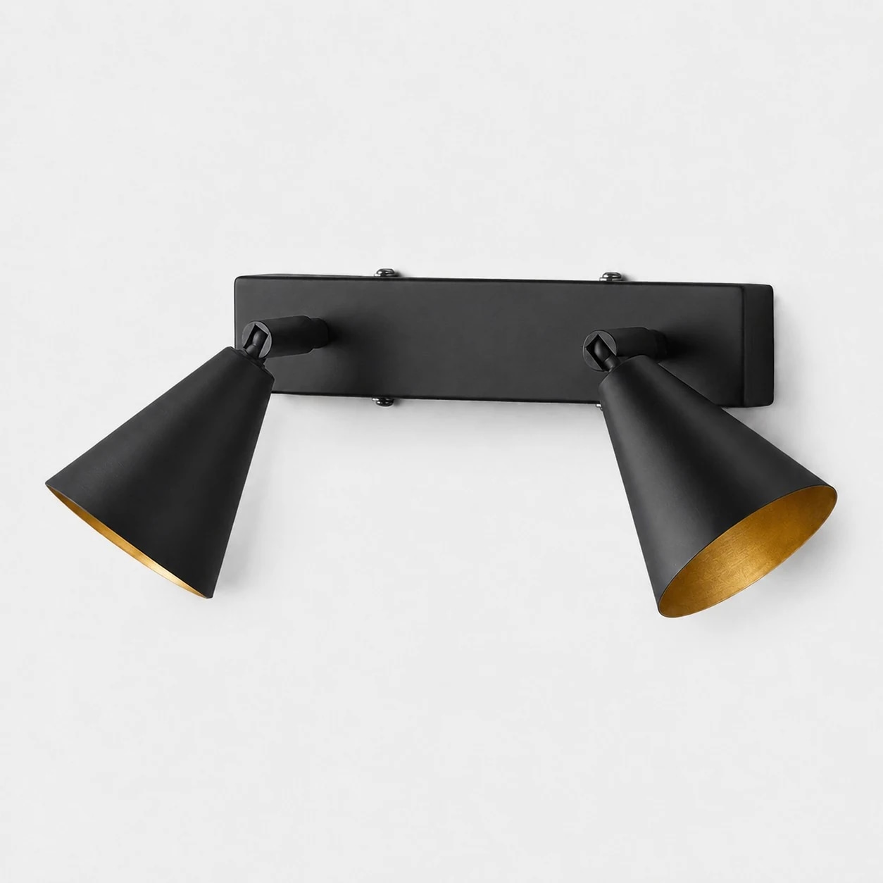 Two-head black adjustable cone wall lamp on linear backplate