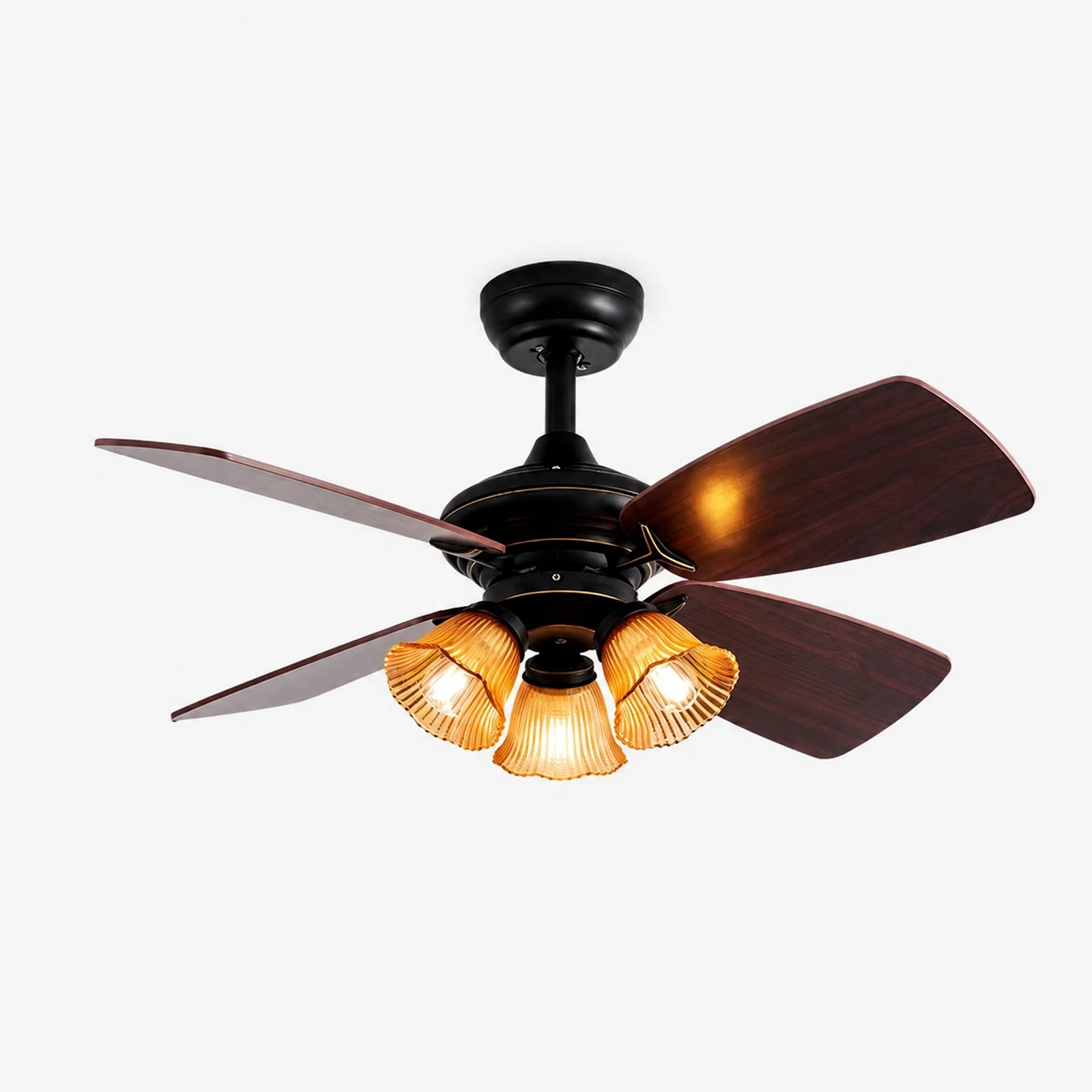 Angled view of black amber glass ceiling fan light