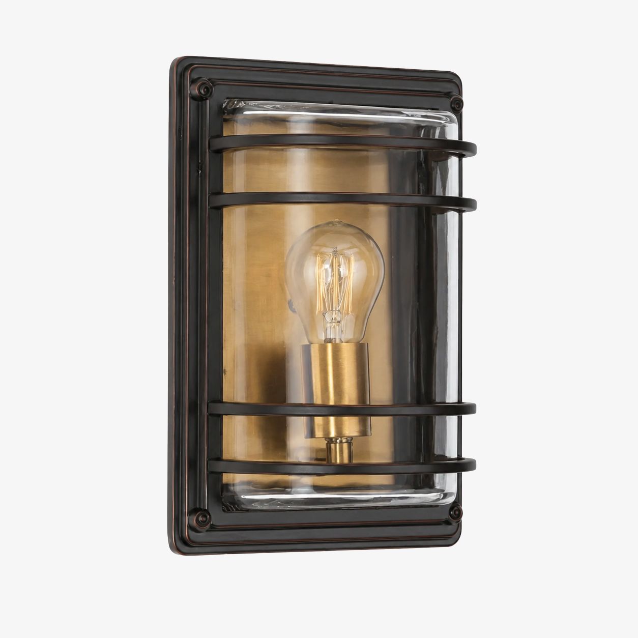 Small bronze glass outdoor wall sconce with cage frame
