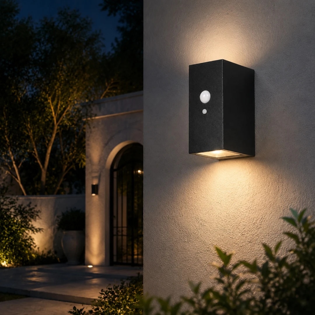 Style C outdoor wall lamp casting light on a garden entry wall