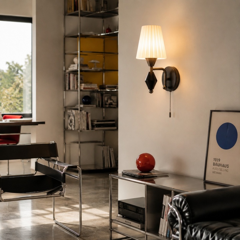 Living room scene with wall-mounted glass sconce