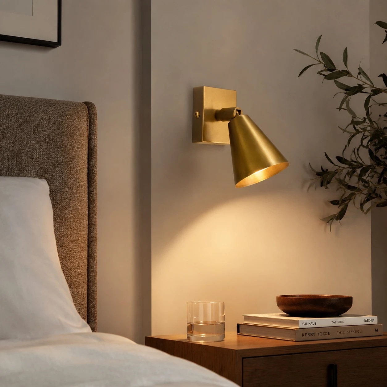 Brass single-head adjustable wall lamp beside a bed