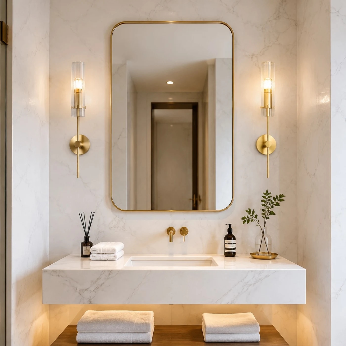 Copper alabaster wall sconces installed beside a bathroom mirror