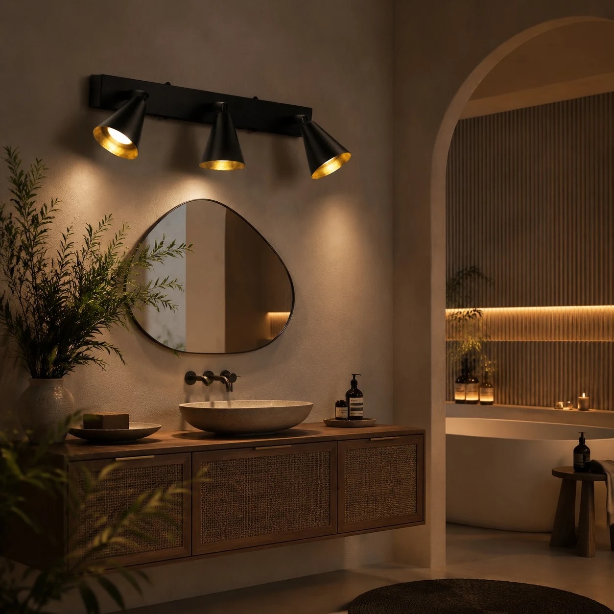 Black adjustable cone wall light in a warm bathroom scene