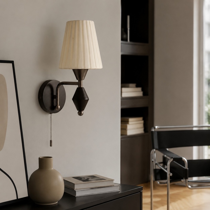 Console wall scene with matte nickel wall light