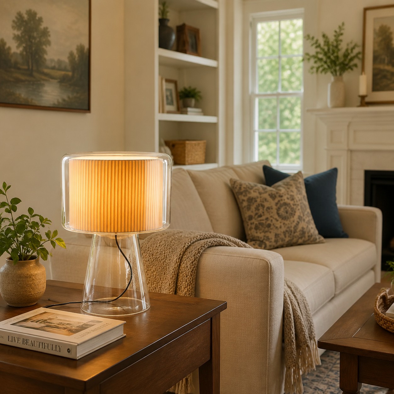 Natural Glass Table Lamp With Fabric Shade