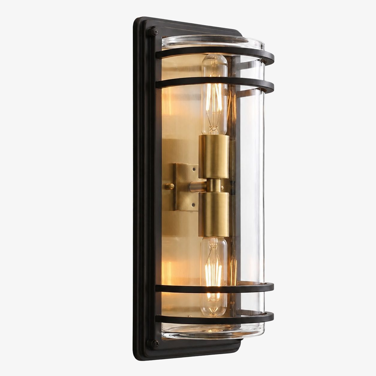 Medium bronze glass outdoor wall sconce with cage frame