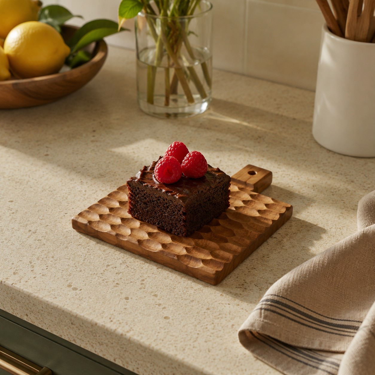 Textured wood board used to serve dessert