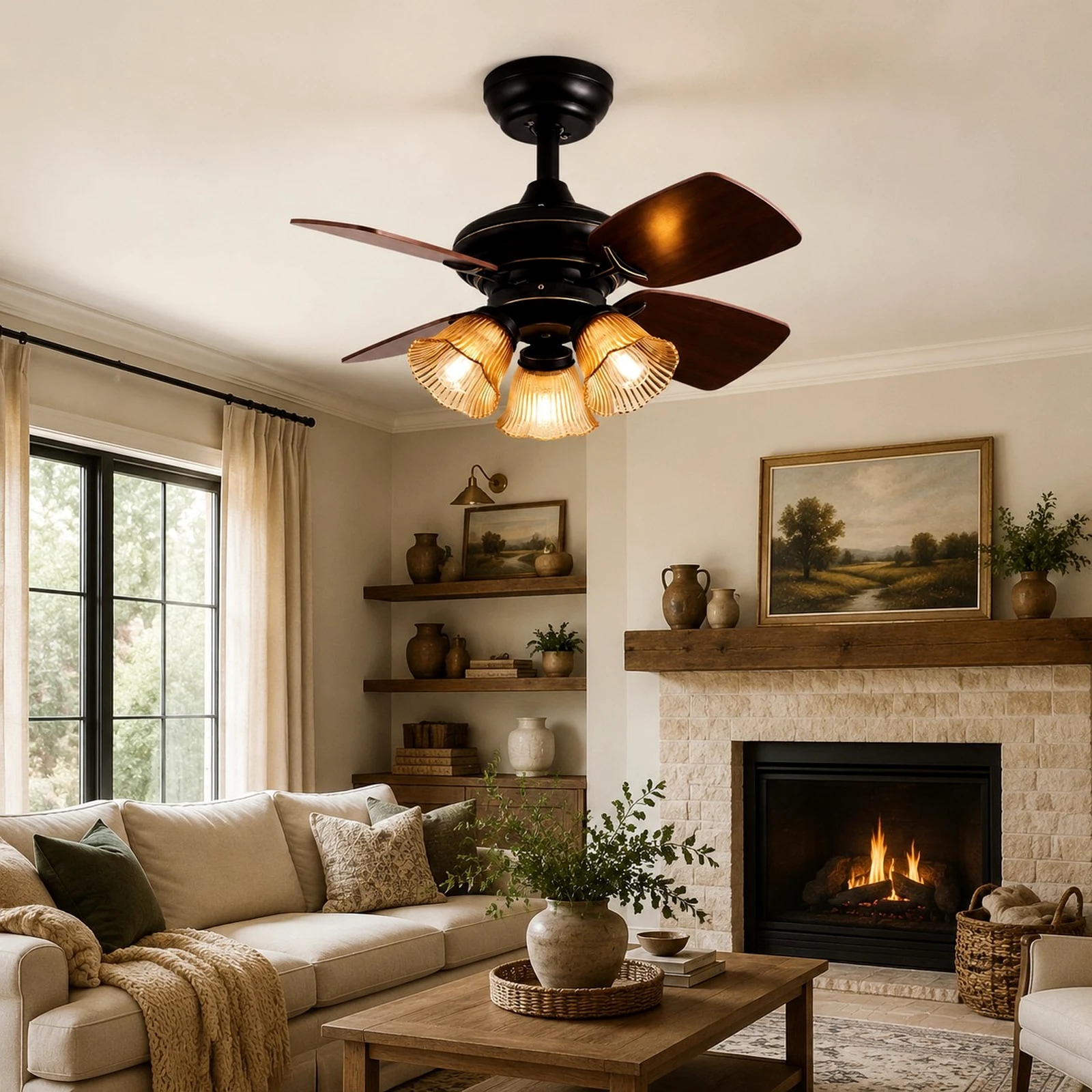 Ceiling fan light in a rustic living room with fireplace