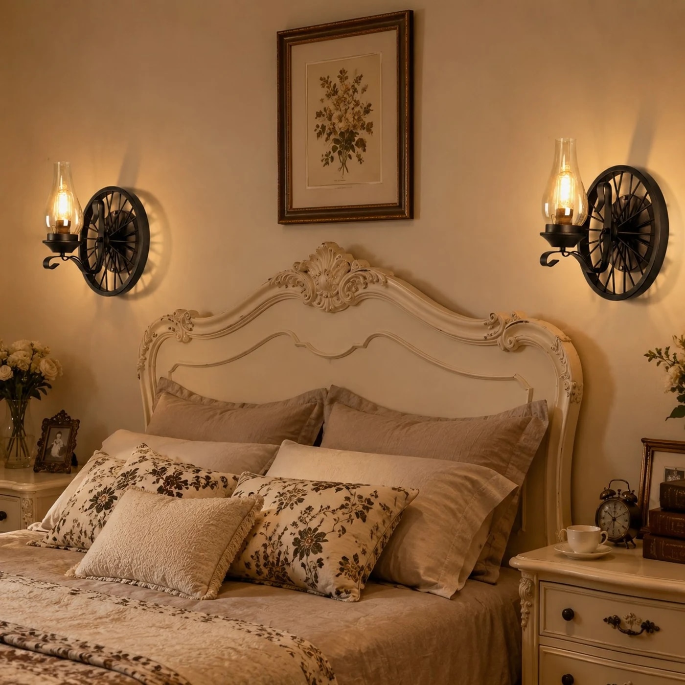Pair of black wagon wheel wall sconces beside a classic bedroom headboard