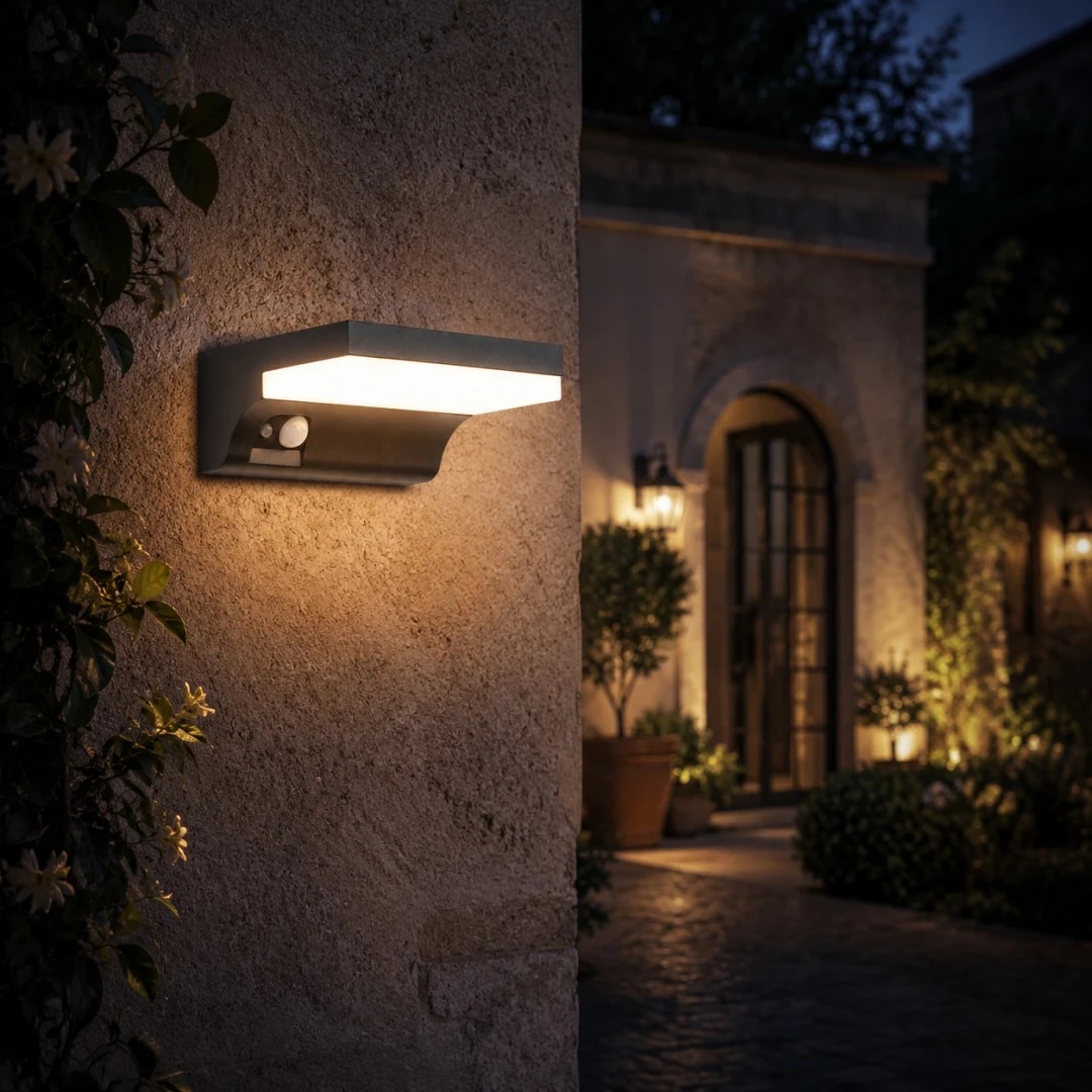 Black outdoor wall lamp installed beside an entry at night