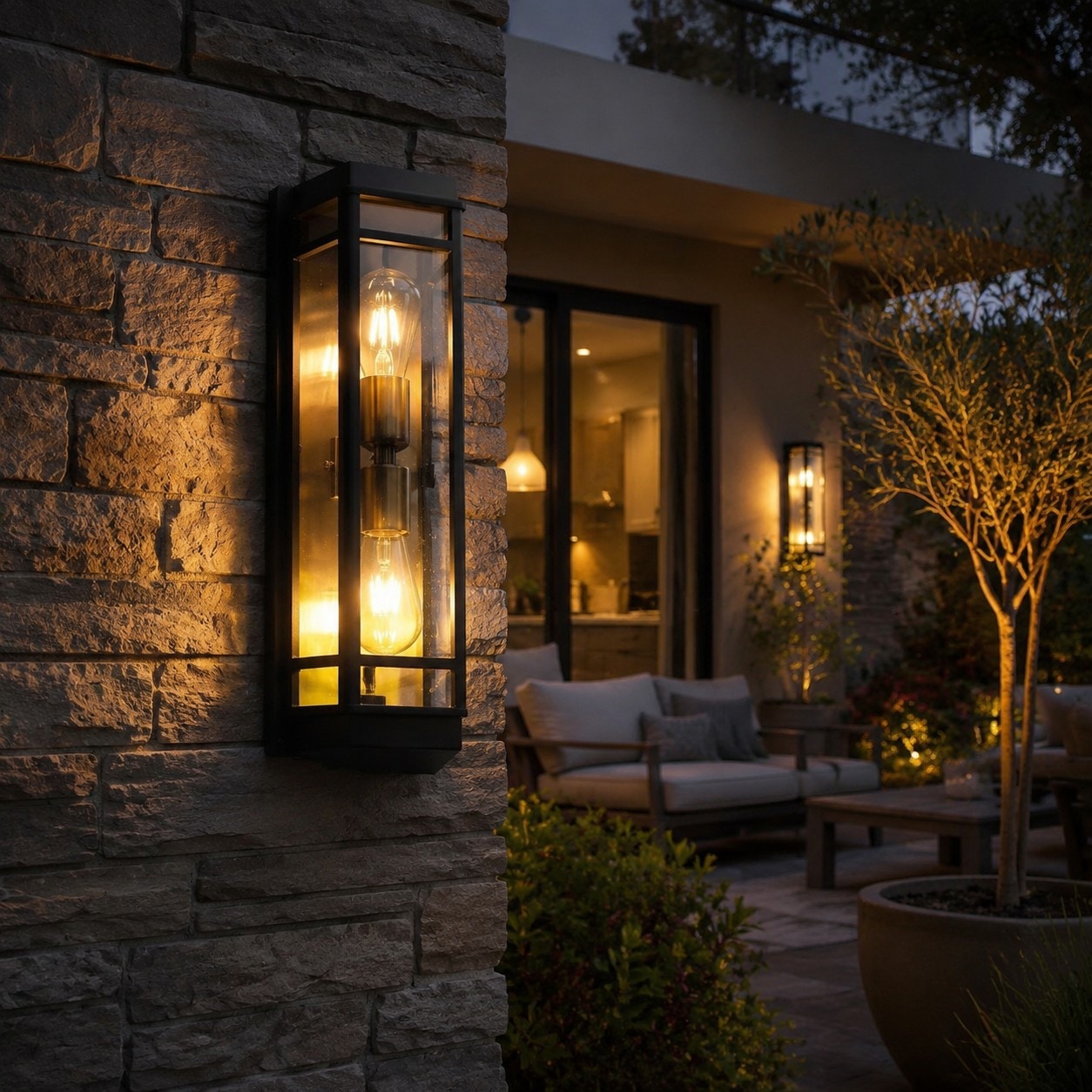 Black glass outdoor wall sconce outdoor installation scene