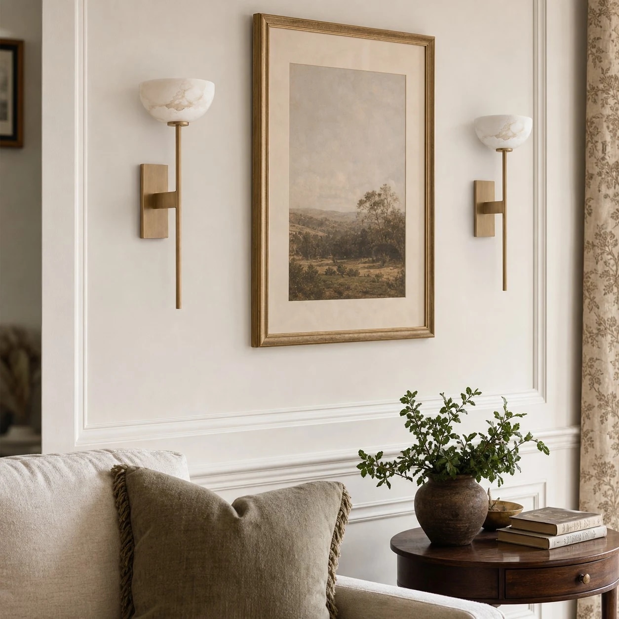 Natural brass wall sconces over a sofa side table