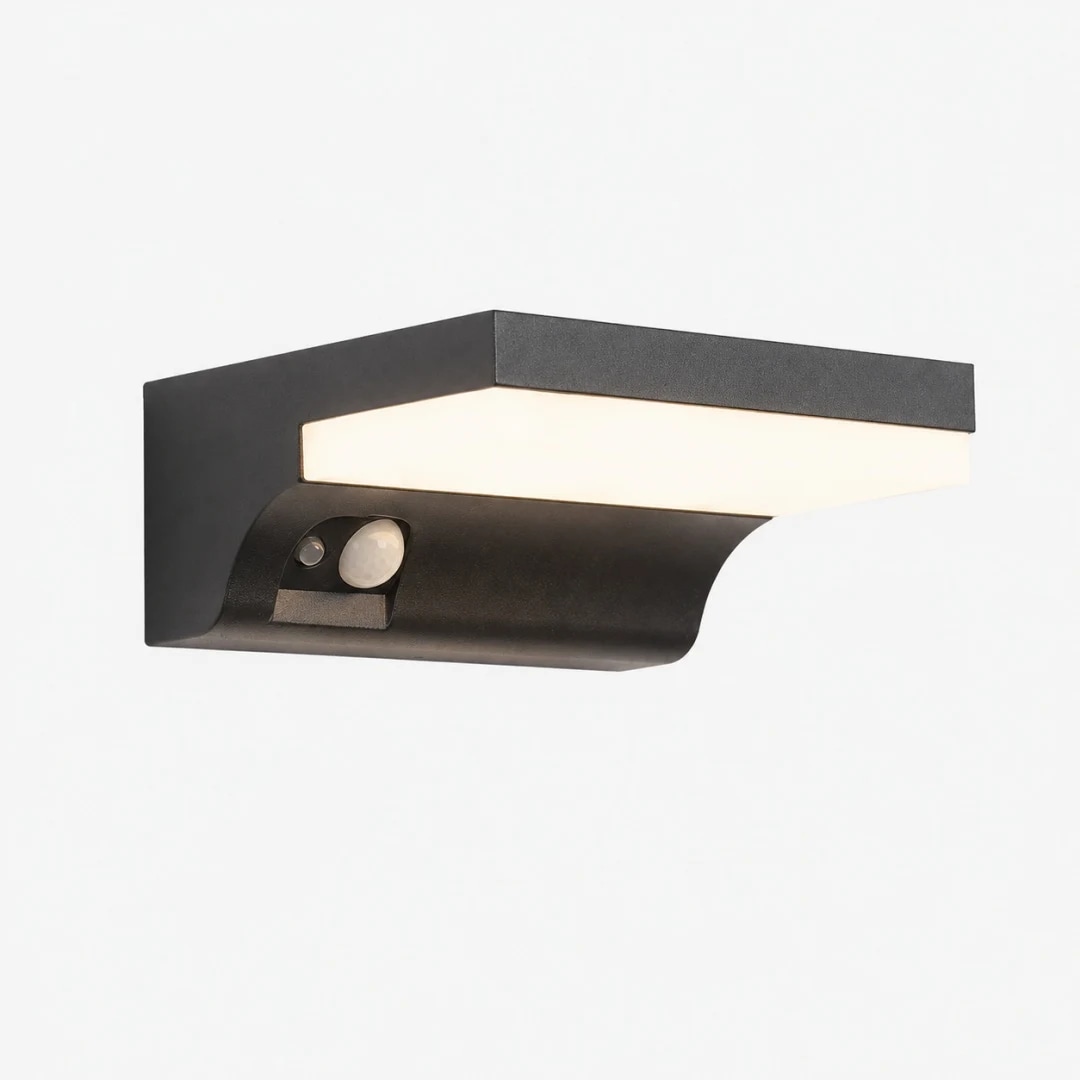 Style A black aluminum glass outdoor wall lamp on white background