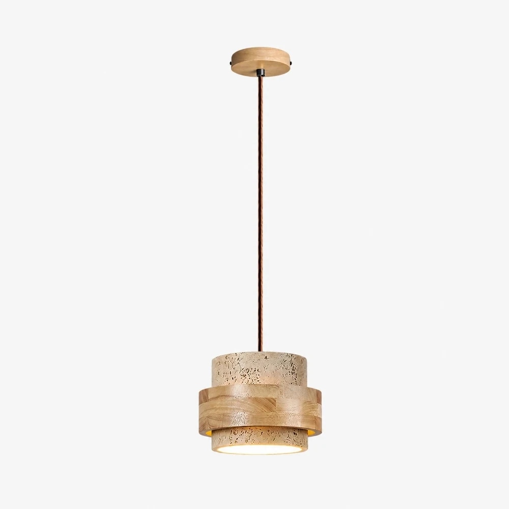 Travertine wood single pendant lamp hardwired full view