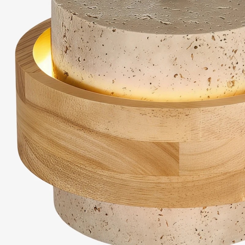 Travertine stone shade and warm wood ring detail