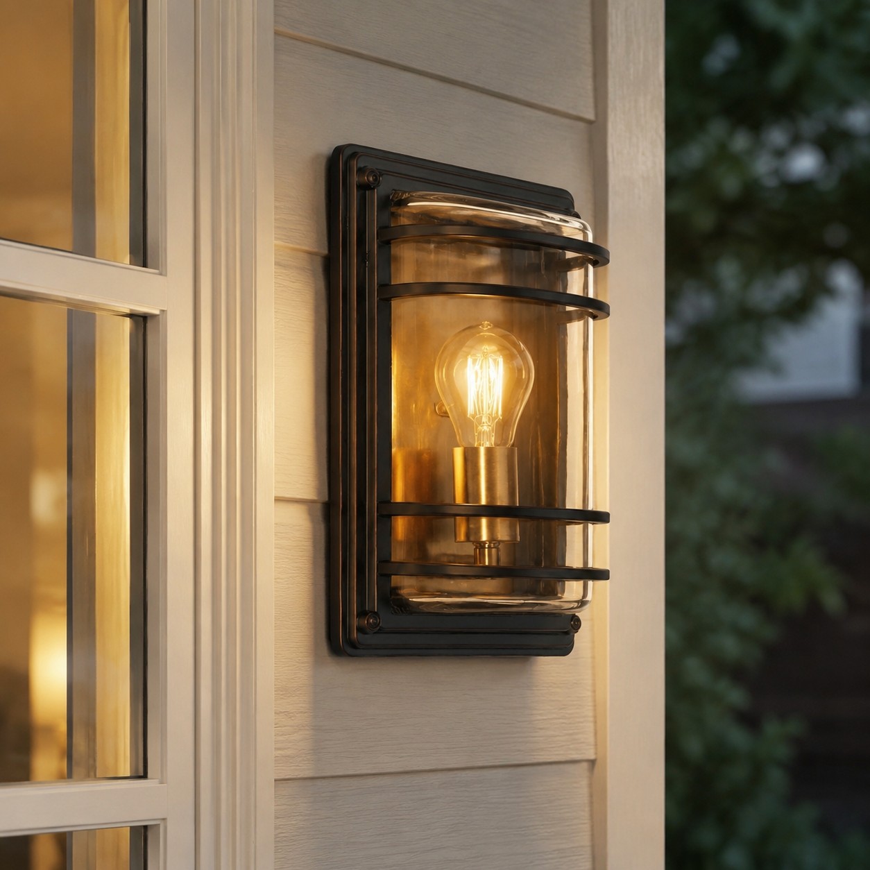 Small bronze glass outdoor wall sconce installed beside a window