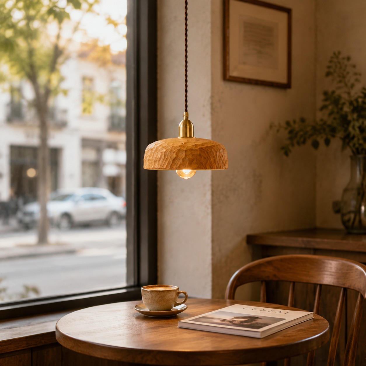 Hand-carved Wabi-Sabi wood pendant lamp
