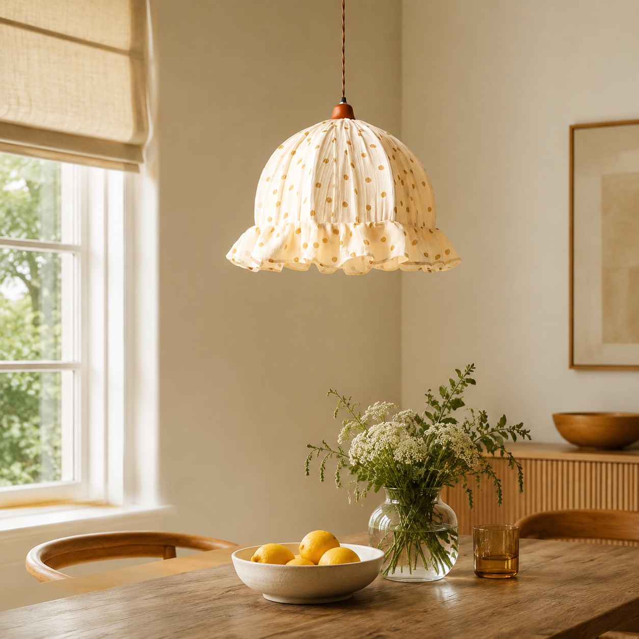Ruffled floral fabric shade front detail