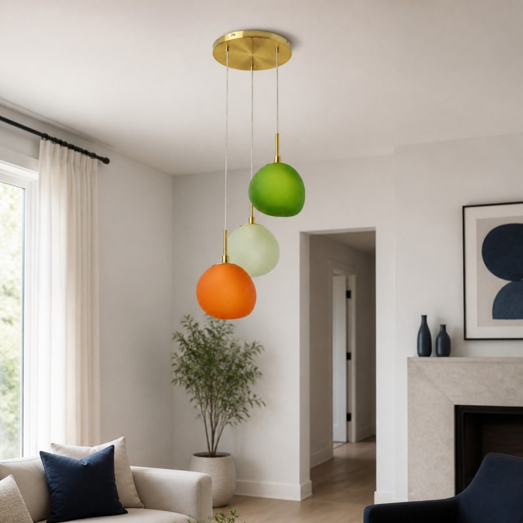 Opal glass pendant above a sofa in a minimal living room