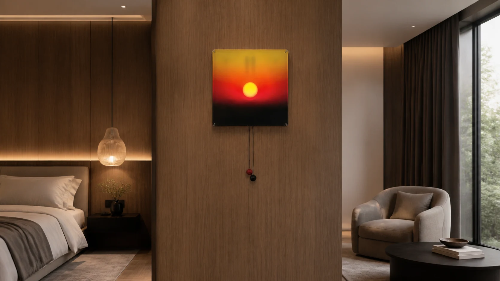 Afterglow sculptural LED wall light casting a soft sunset glow in a lounge setting