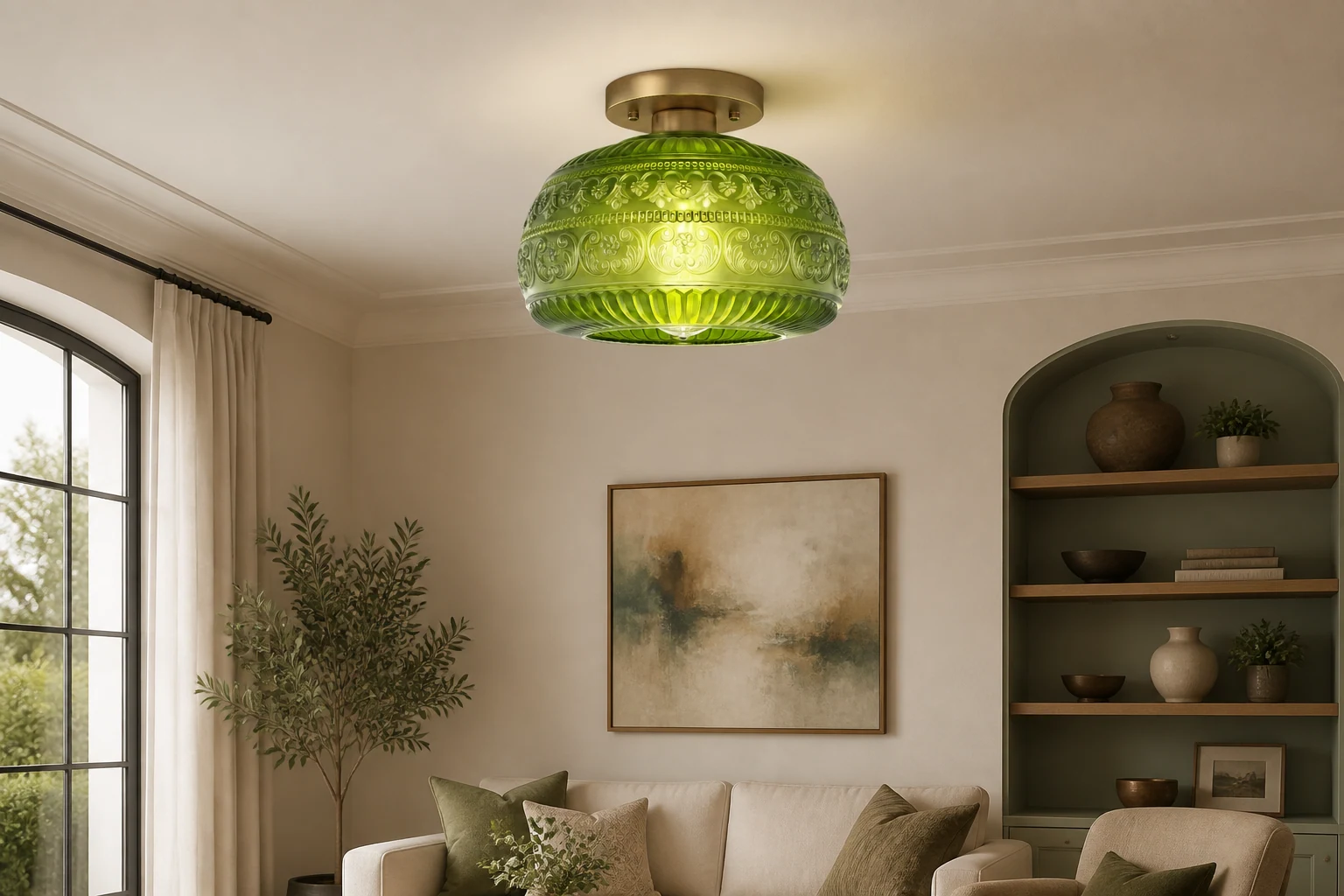 Lurex patterned glass ceiling fixture styled in a room scene