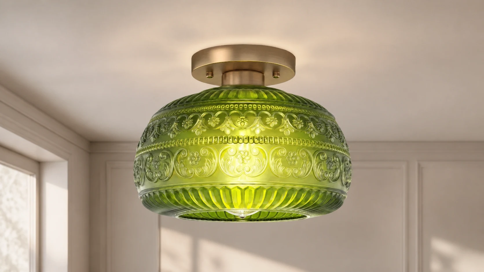 Lurex patterned glass flush mount ceiling fixture in an interior setting